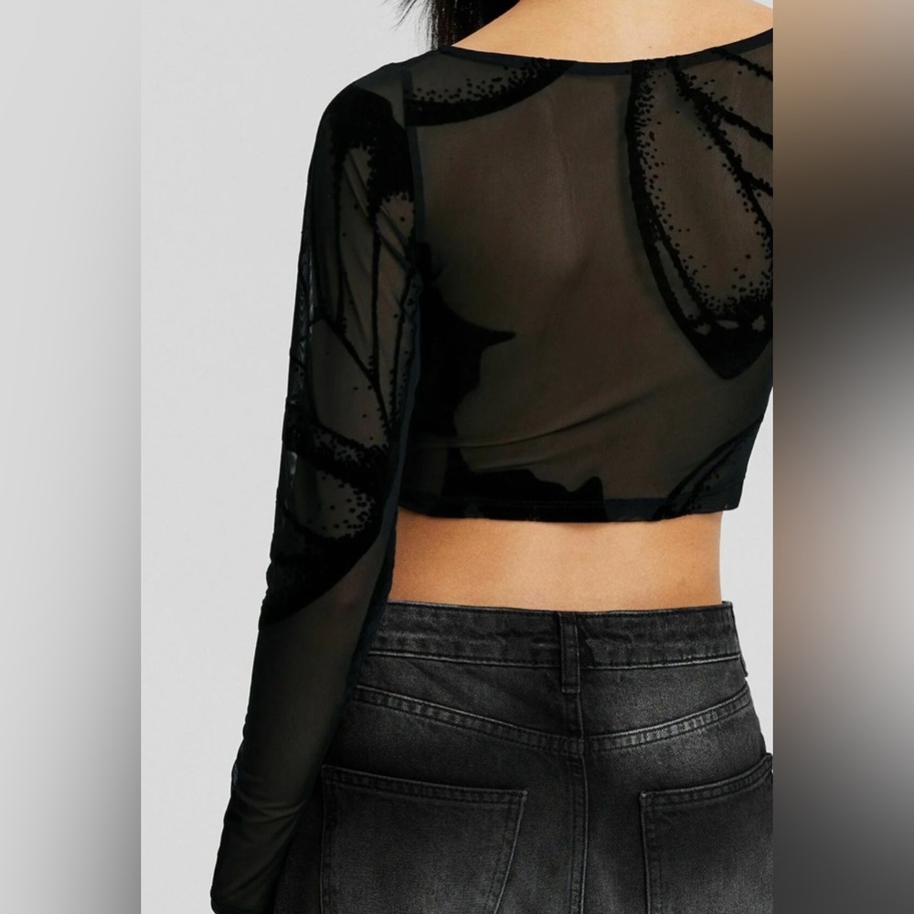 Bershka Black Sheer Long-Sleeve Crop Top